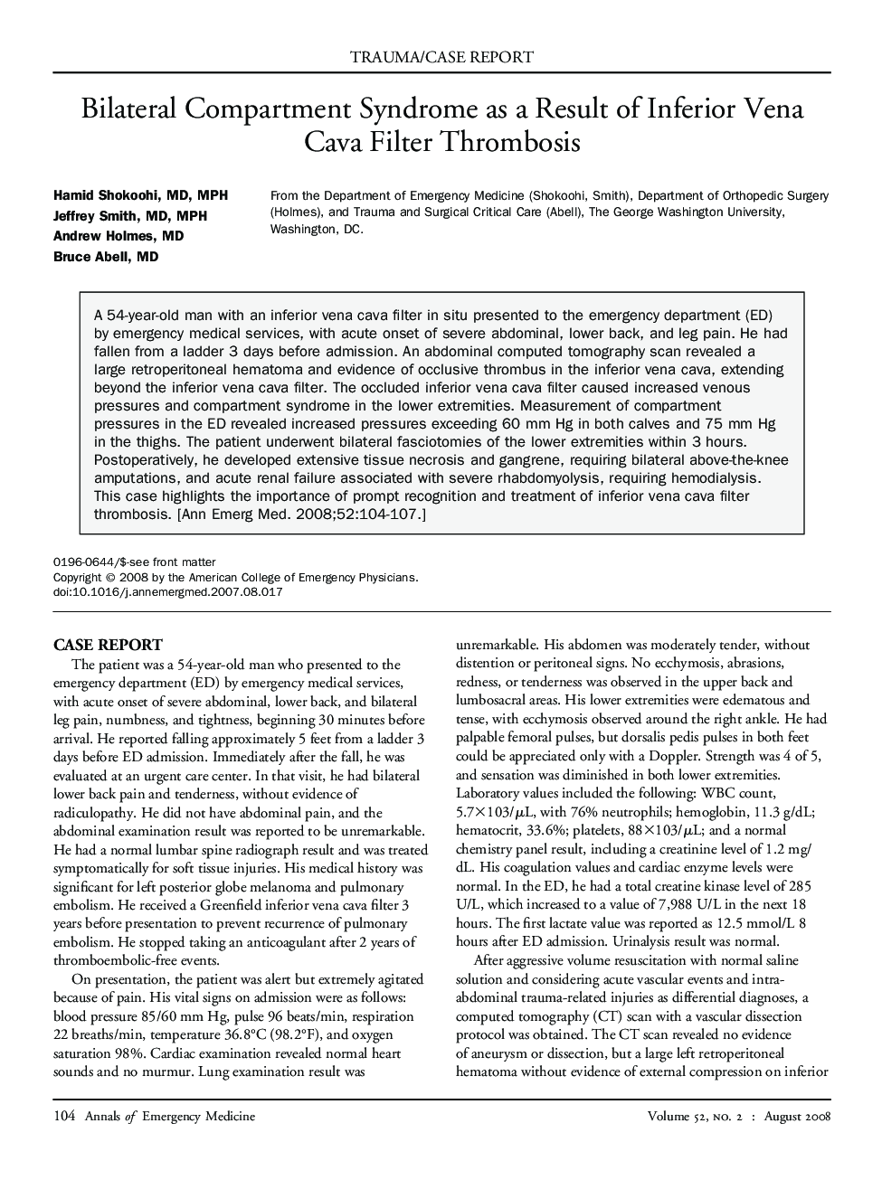 Bilateral Compartment Syndrome as a Result of Inferior Vena Cava Filter Thrombosis 