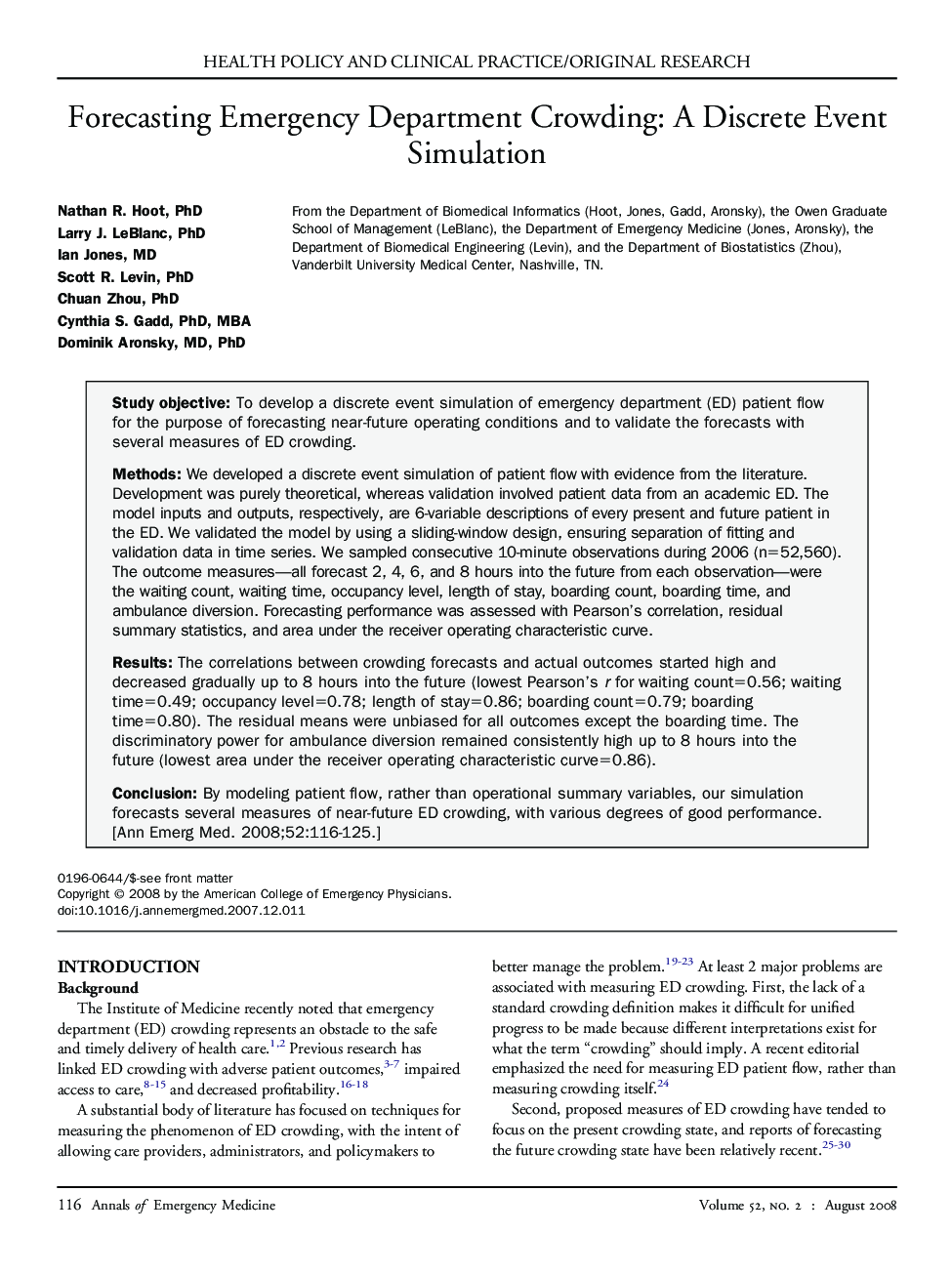 Forecasting Emergency Department Crowding: A Discrete Event Simulation 