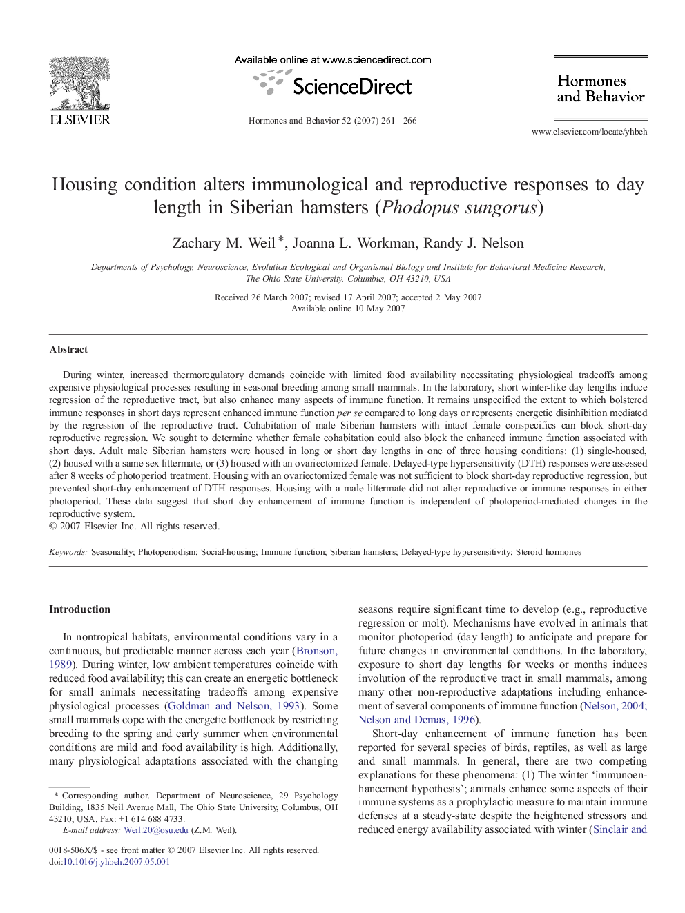 Housing condition alters immunological and reproductive responses to day length in Siberian hamsters (Phodopus sungorus)