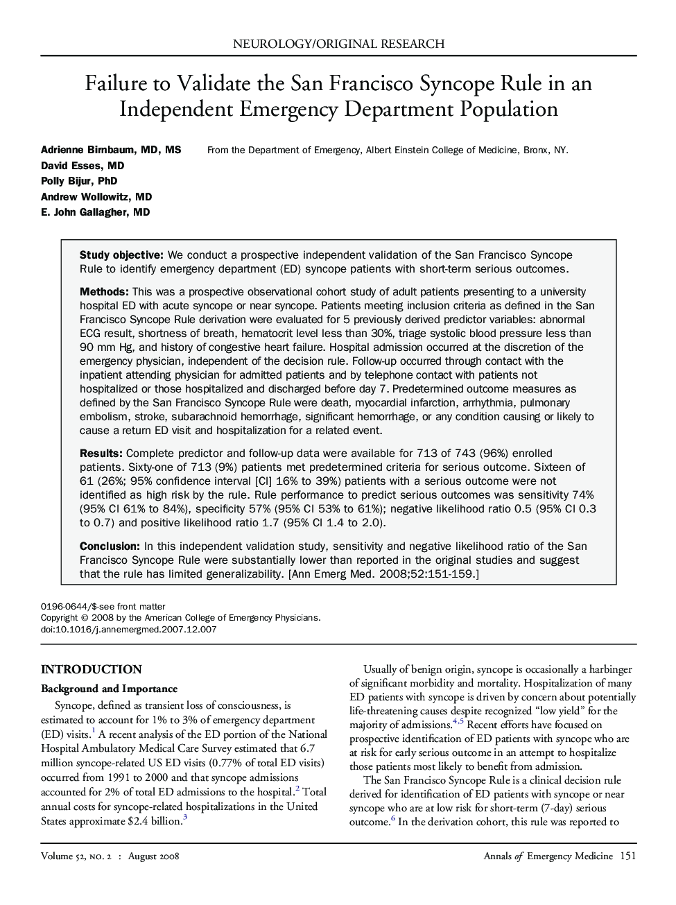 Failure to Validate the San Francisco Syncope Rule in an Independent Emergency Department Population 