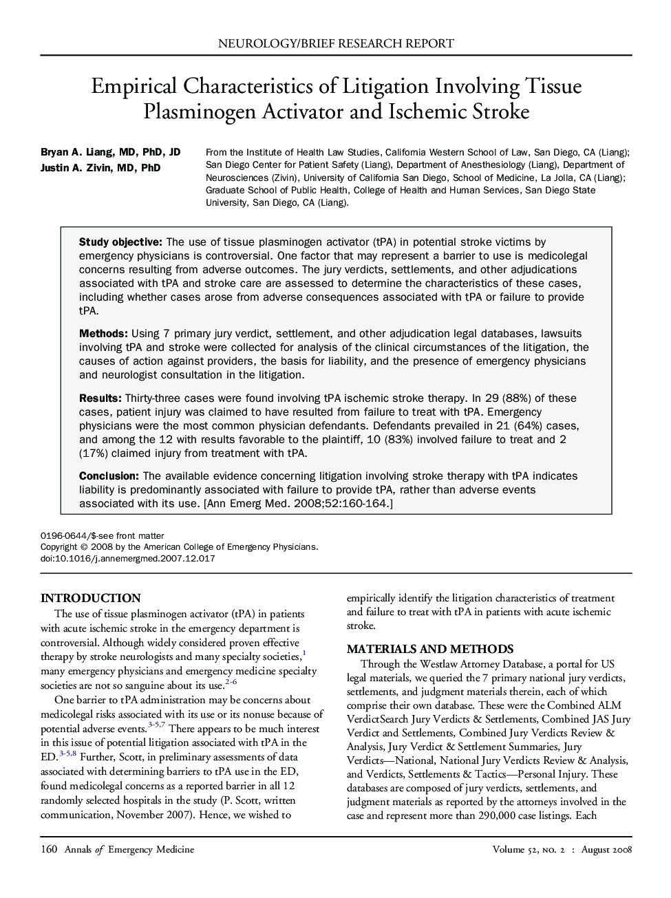 Empirical Characteristics of Litigation Involving Tissue Plasminogen Activator and Ischemic Stroke 