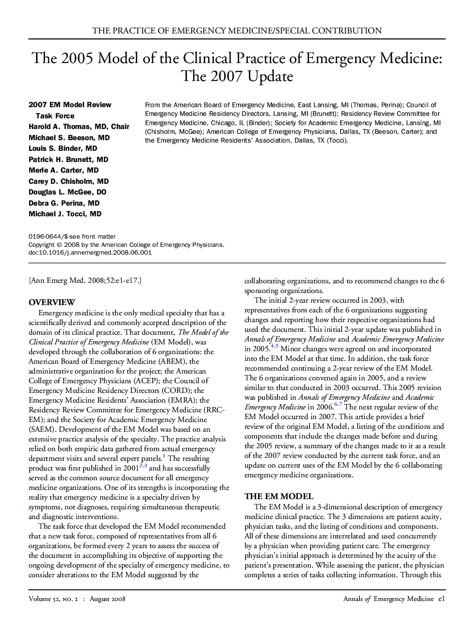 The 2005 Model of the Clinical Practice of Emergency Medicine: The 2007 Update