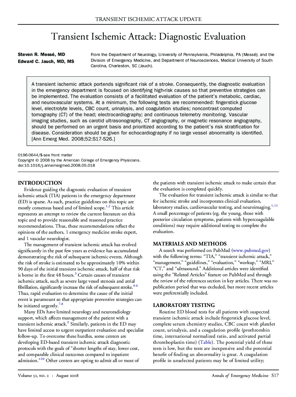 Transient Ischemic Attack: Diagnostic Evaluation