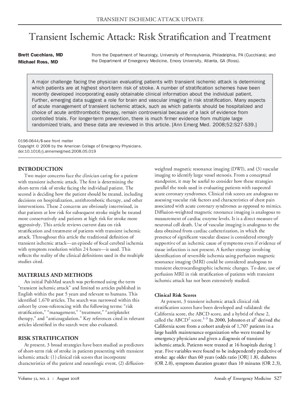 Transient Ischemic Attack: Risk Stratification and Treatment 