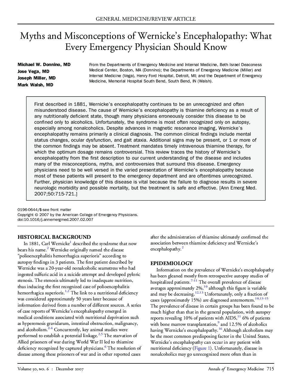 Myths and Misconceptions of Wernicke’s Encephalopathy: What Every Emergency Physician Should Know 