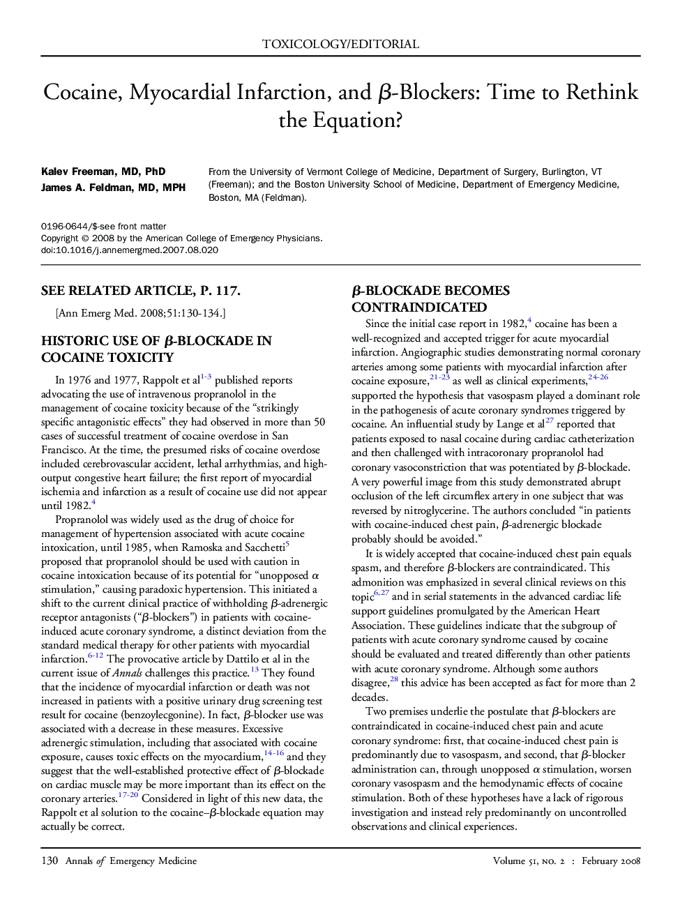 Cocaine, Myocardial Infarction, and Î²-Blockers: Time to Rethink the Equation?