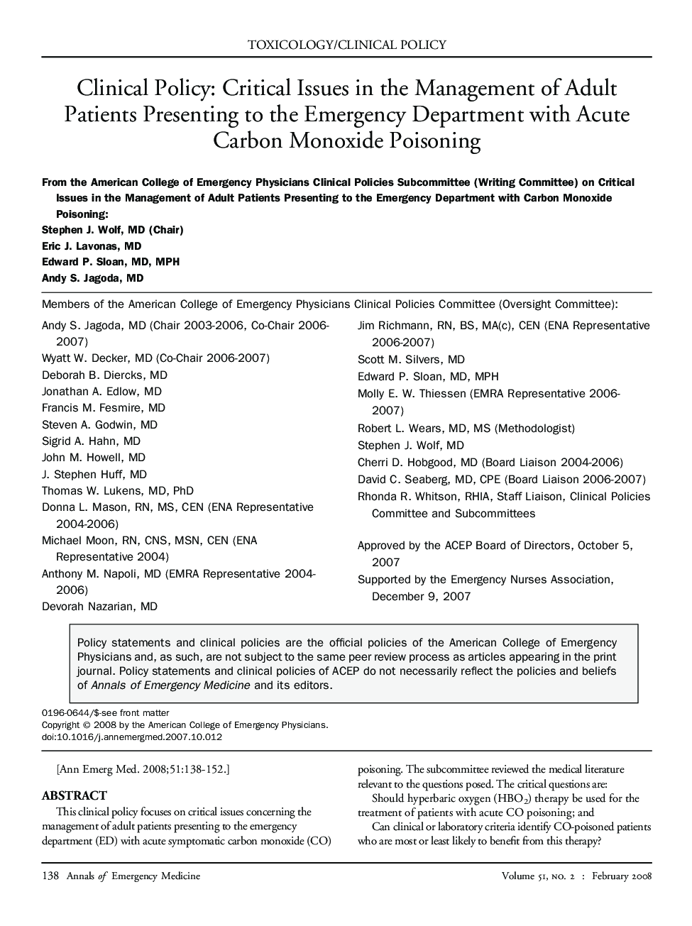 Clinical Policy: Critical Issues in the Management of Adult Patients Presenting to the Emergency Department with Acute Carbon Monoxide Poisoning