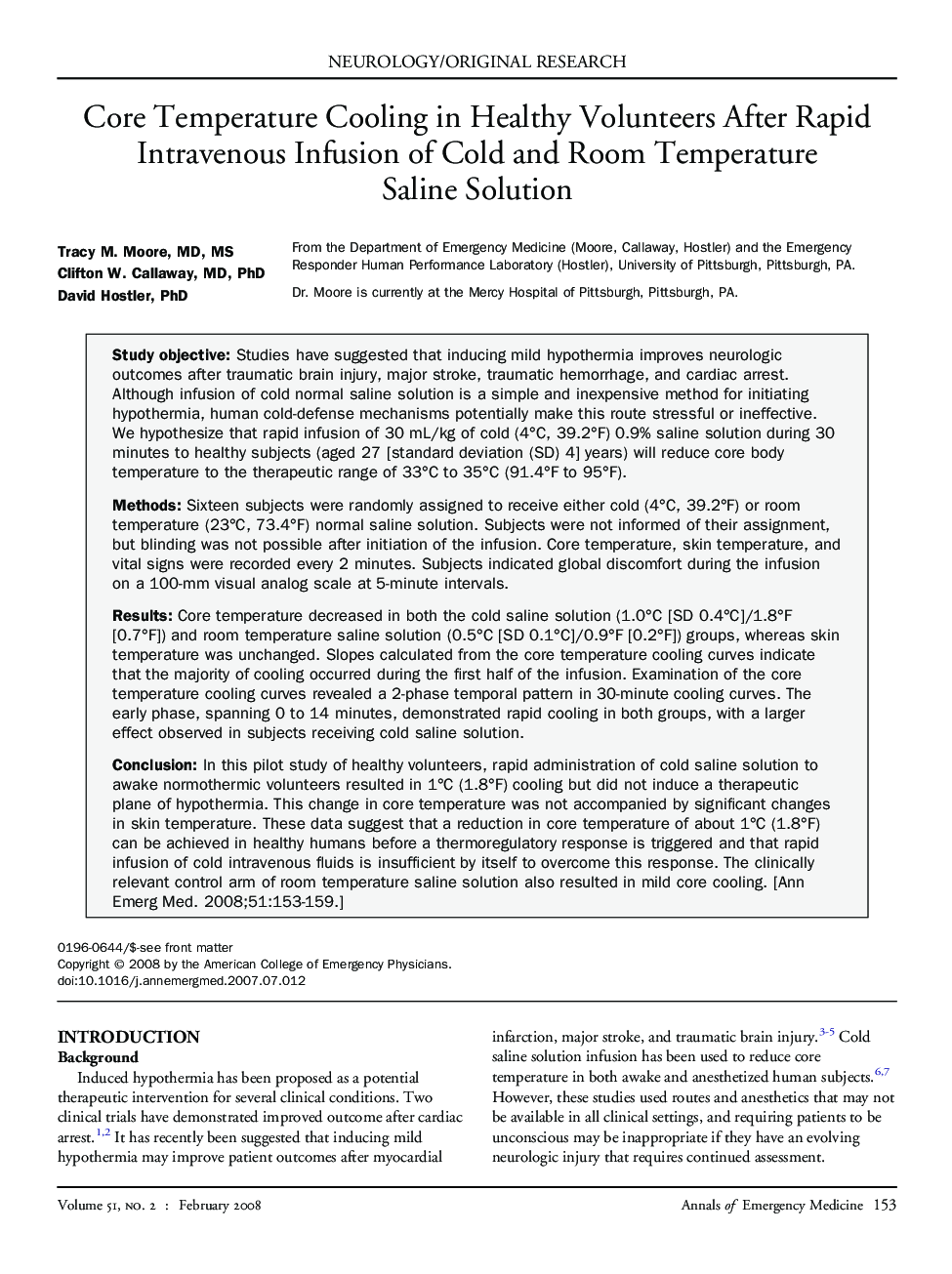 Core Temperature Cooling in Healthy Volunteers After Rapid Intravenous Infusion of Cold and Room Temperature Saline Solution 