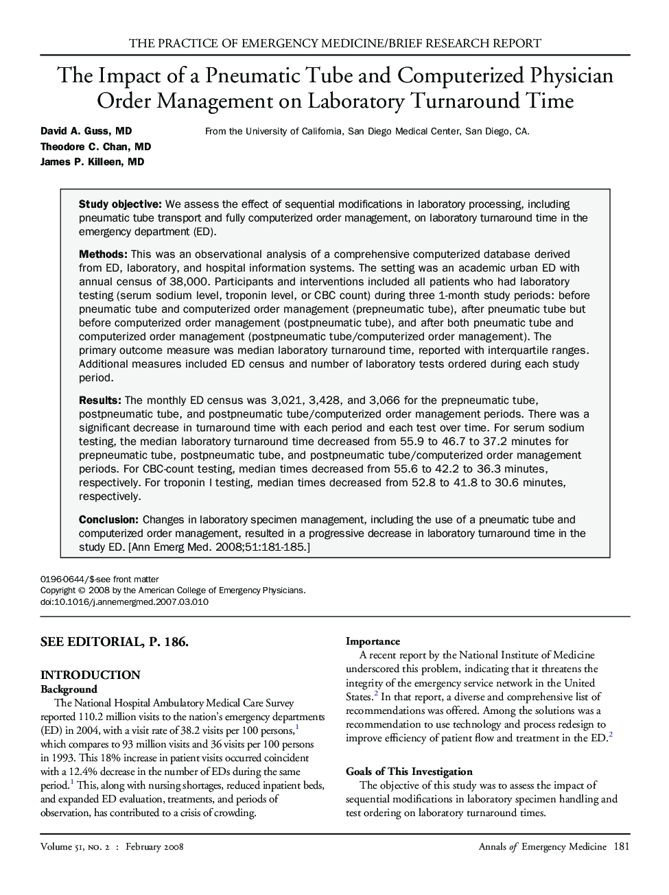 The Impact of a Pneumatic Tube and Computerized Physician Order Management on Laboratory Turnaround Time 