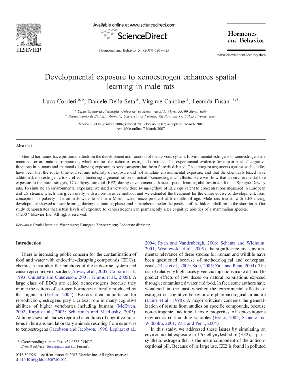 Developmental exposure to xenoestrogen enhances spatial learning in male rats