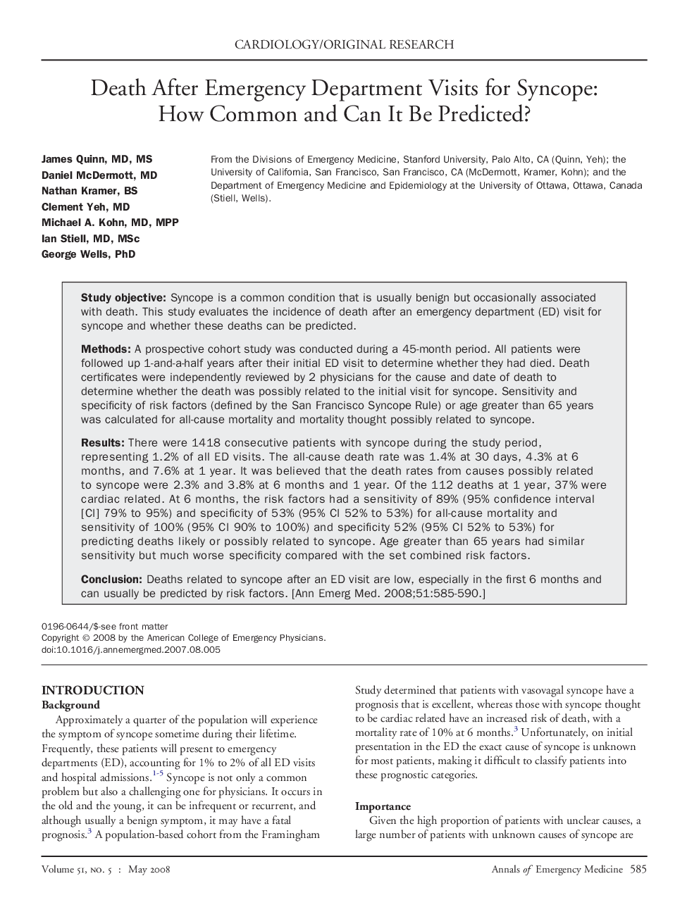 Death After Emergency Department Visits for Syncope: How Common and Can It Be Predicted? 