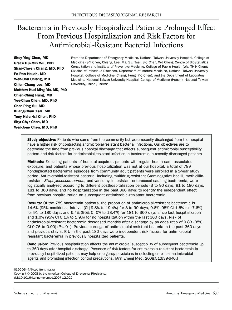 Bacteremia in Previously Hospitalized Patients: Prolonged Effect From Previous Hospitalization and Risk Factors for Antimicrobial-Resistant Bacterial Infections 