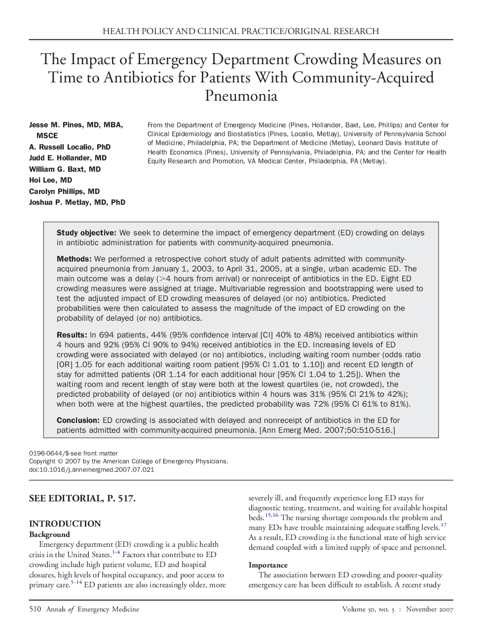 The Impact of Emergency Department Crowding Measures on Time to Antibiotics for Patients With Community-Acquired Pneumonia 