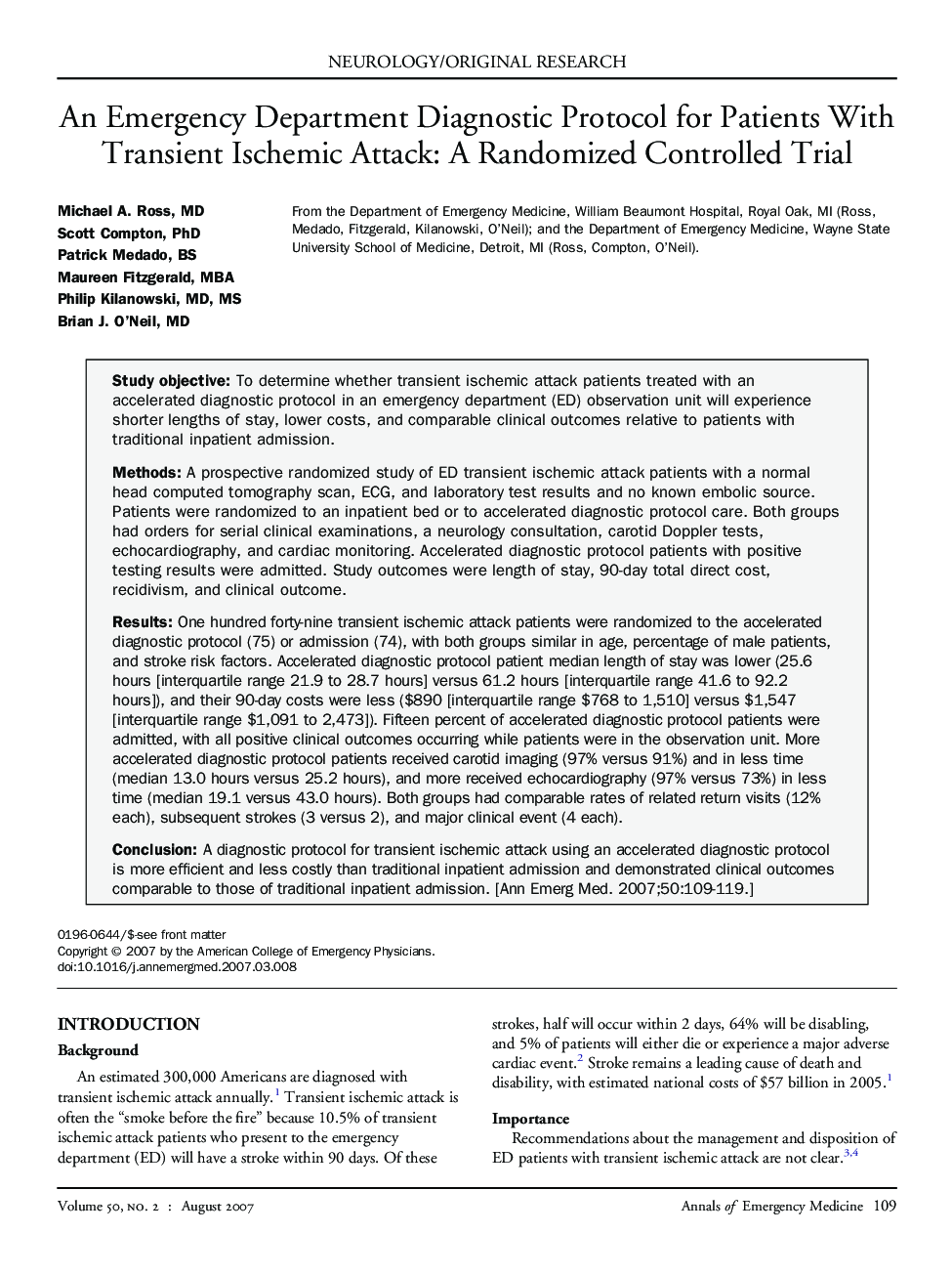 An Emergency Department Diagnostic Protocol for Patients With Transient Ischemic Attack: A Randomized Controlled Trial 