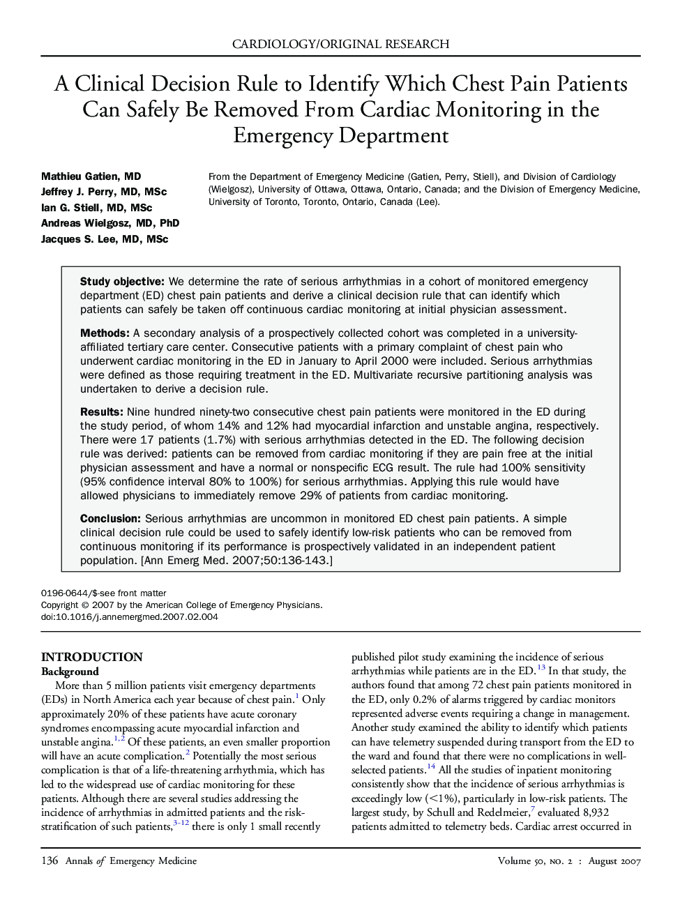 A Clinical Decision Rule to Identify Which Chest Pain Patients Can Safely Be Removed From Cardiac Monitoring in the Emergency Department 