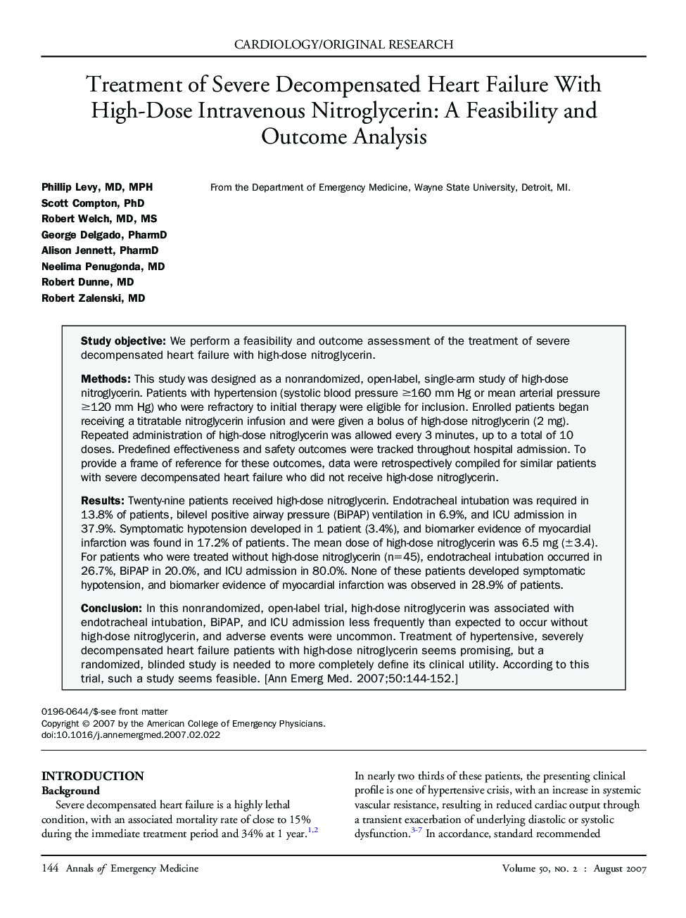 Treatment of Severe Decompensated Heart Failure With High-Dose Intravenous Nitroglycerin: A Feasibility and Outcome Analysis 