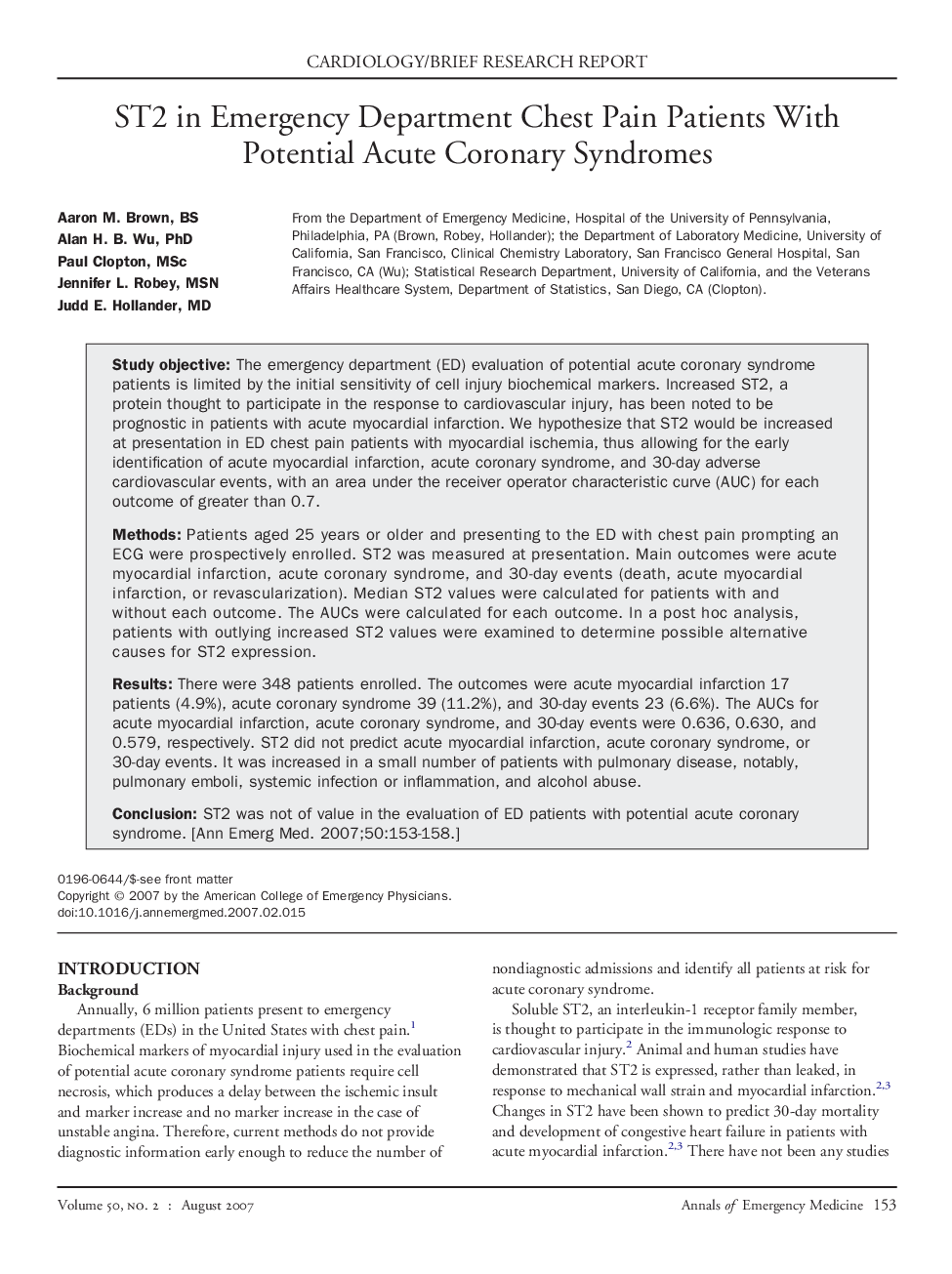 ST2 in Emergency Department Chest Pain Patients With Potential Acute Coronary Syndromes