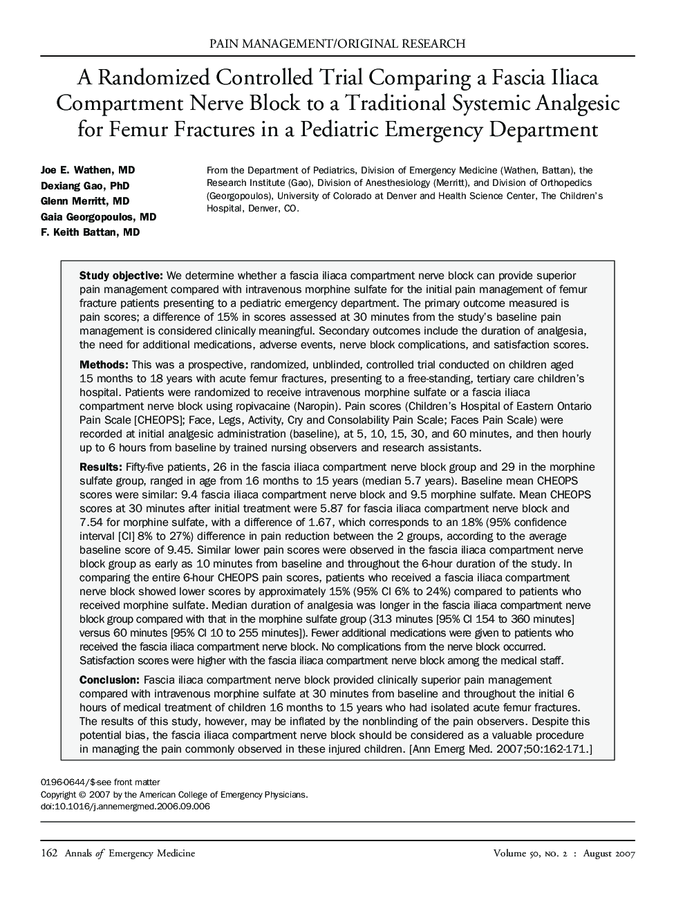 A Randomized Controlled Trial Comparing a Fascia Iliaca Compartment Nerve Block to a Traditional Systemic Analgesic for Femur Fractures in a Pediatric Emergency Department