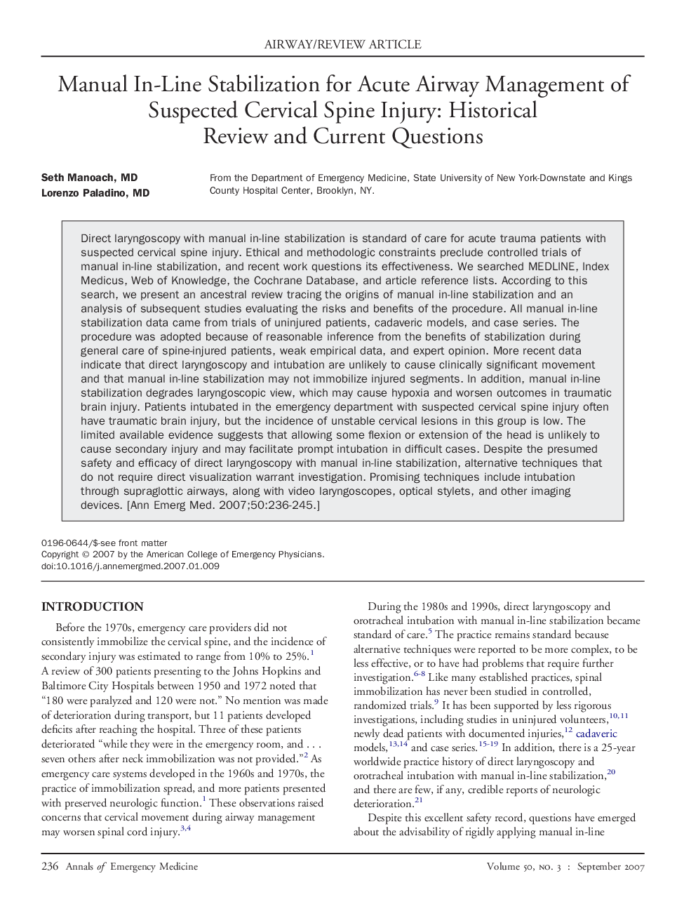 Manual In-Line Stabilization for Acute Airway Management of Suspected Cervical Spine Injury: Historical Review and Current Questions 