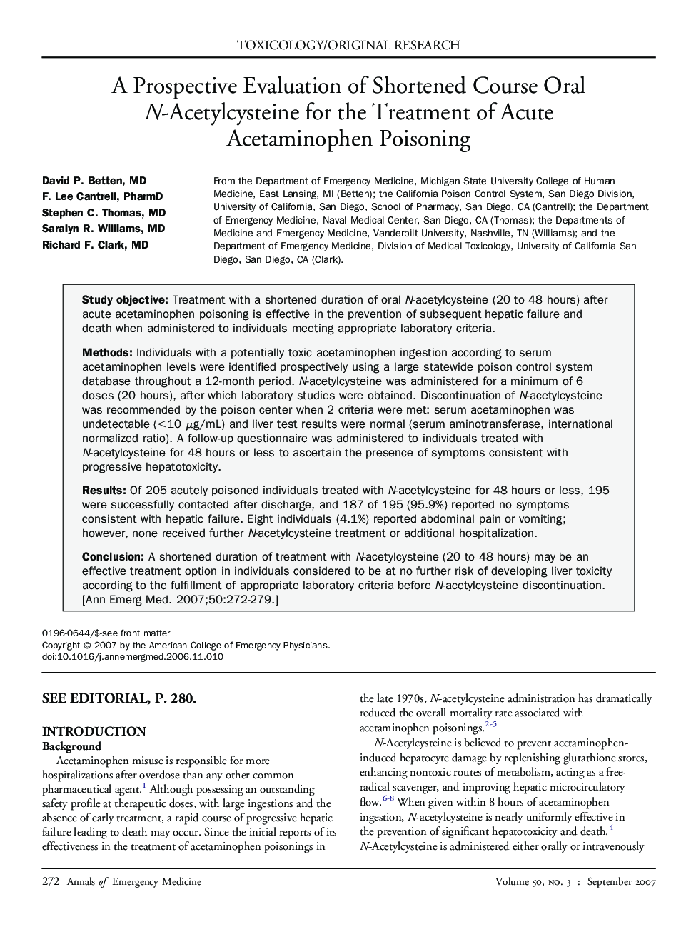 A Prospective Evaluation of Shortened Course Oral N-Acetylcysteine for the Treatment of Acute Acetaminophen Poisoning 