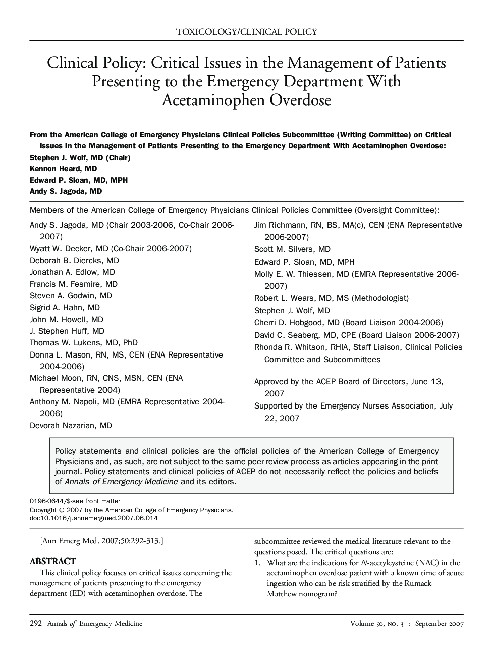 Clinical Policy: Critical Issues in the Management of Patients Presenting to the Emergency Department With Acetaminophen Overdose