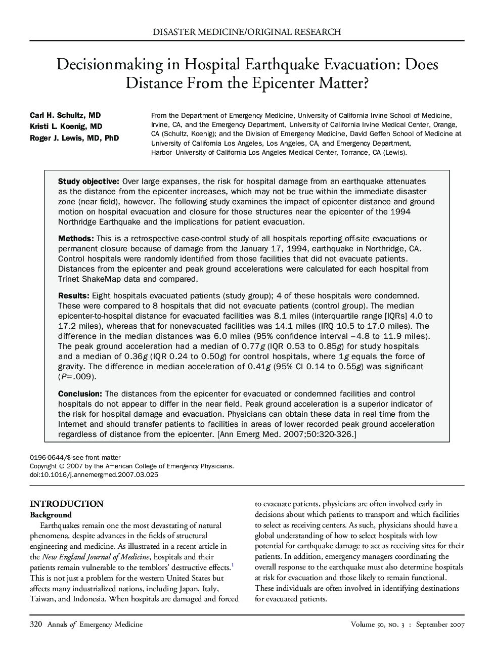 Decisionmaking in Hospital Earthquake Evacuation: Does Distance From the Epicenter Matter? 