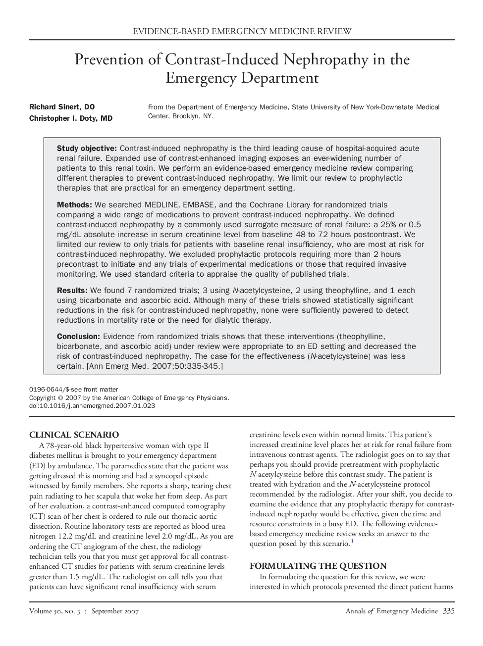 Prevention of Contrast-Induced Nephropathy in the Emergency Department