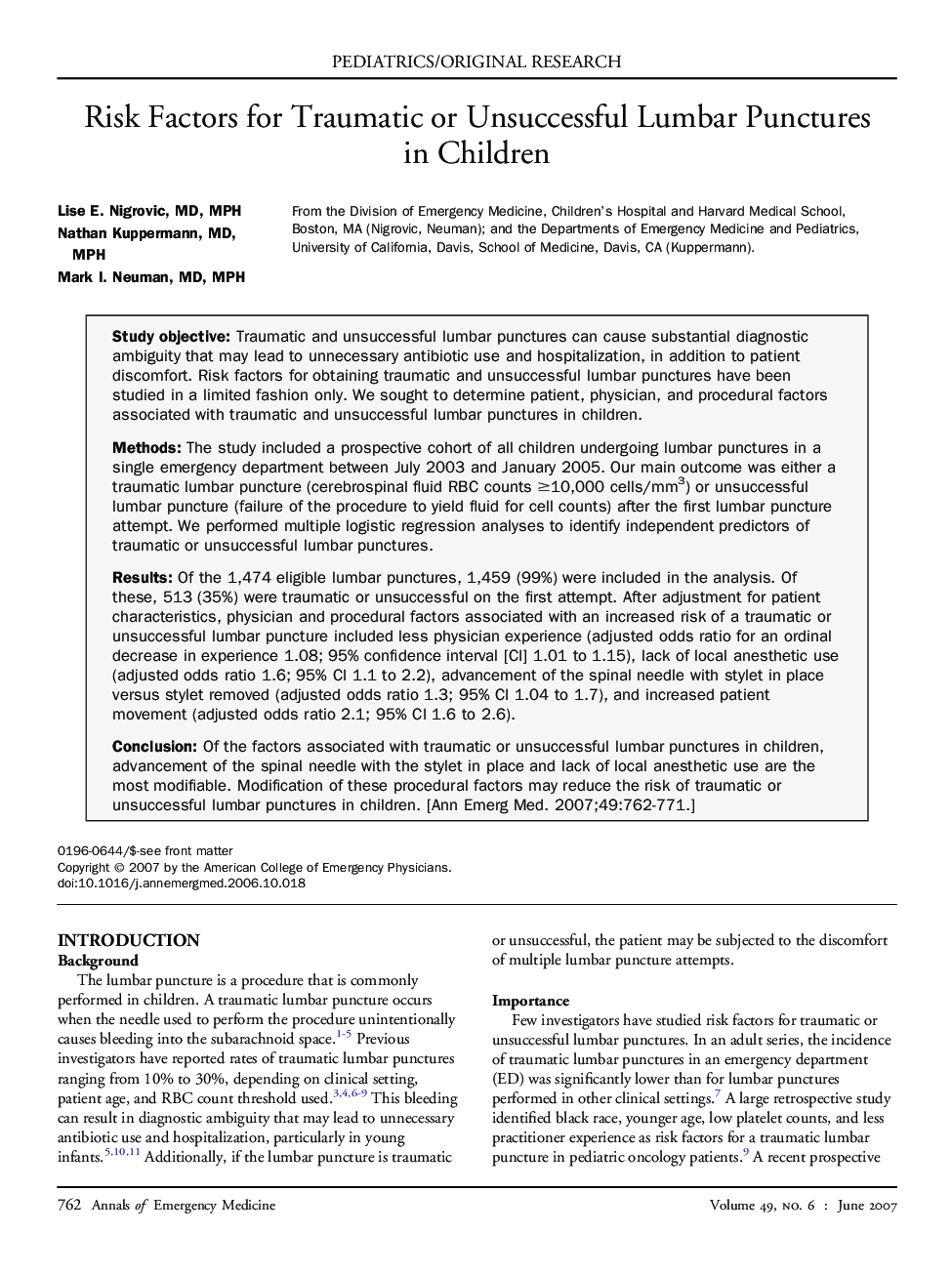 Risk Factors for Traumatic or Unsuccessful Lumbar Punctures in Children 