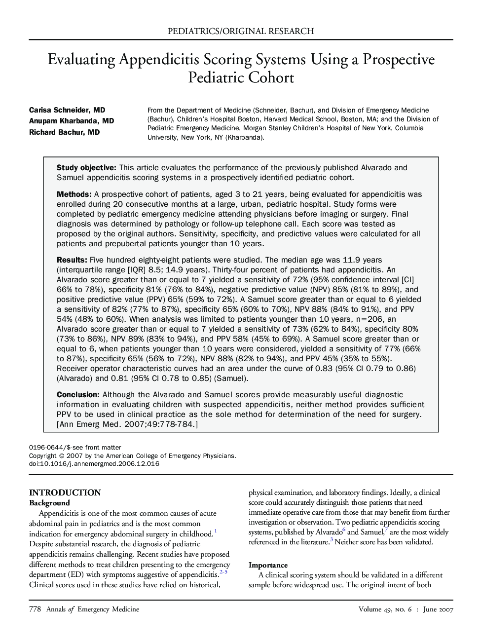 Evaluating Appendicitis Scoring Systems Using a Prospective Pediatric Cohort