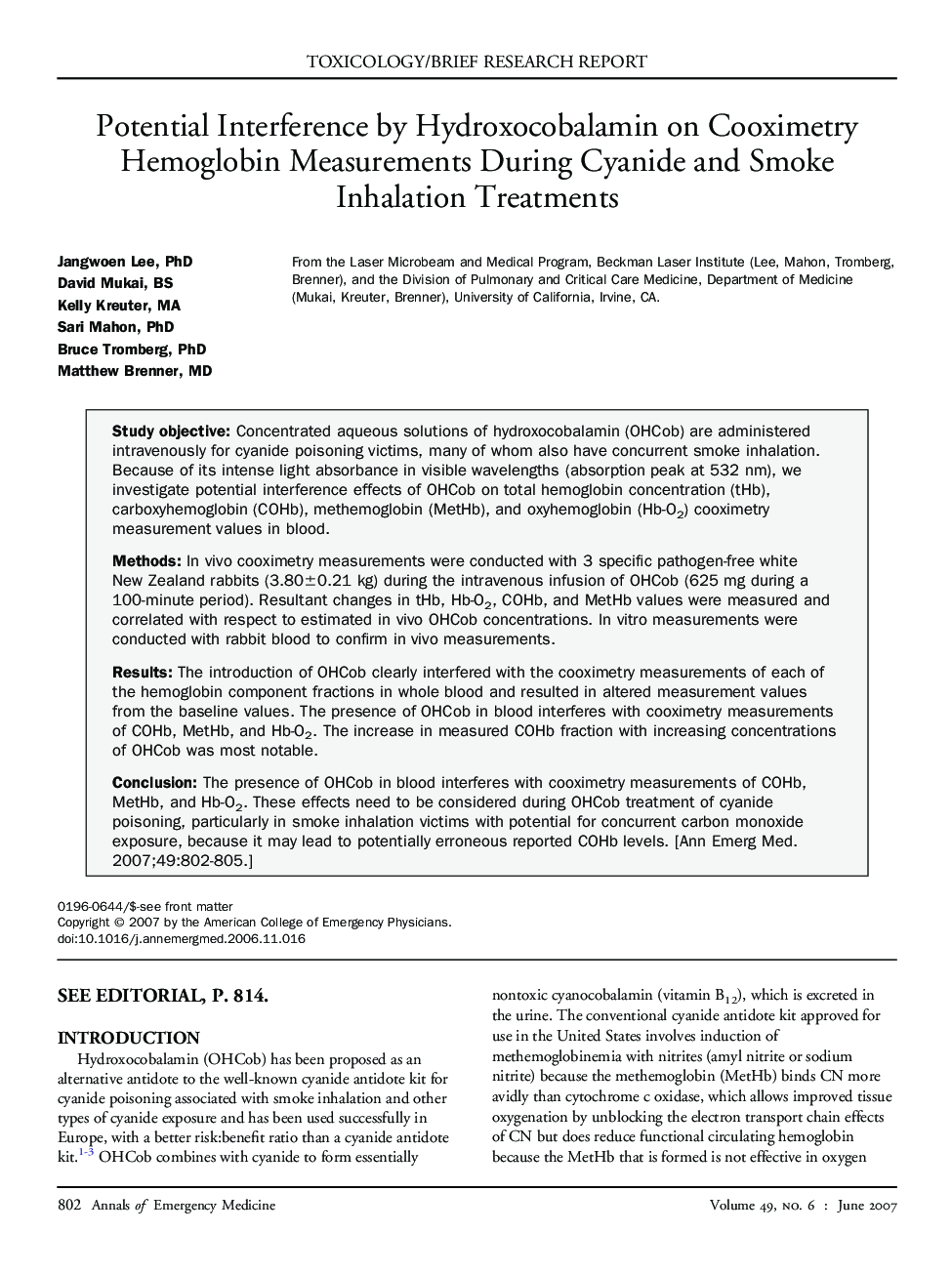 Potential Interference by Hydroxocobalamin on Cooximetry Hemoglobin Measurements During Cyanide and Smoke Inhalation Treatments 