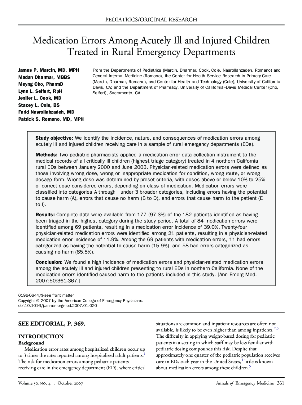 Medication Errors Among Acutely Ill and Injured Children Treated in Rural Emergency Departments