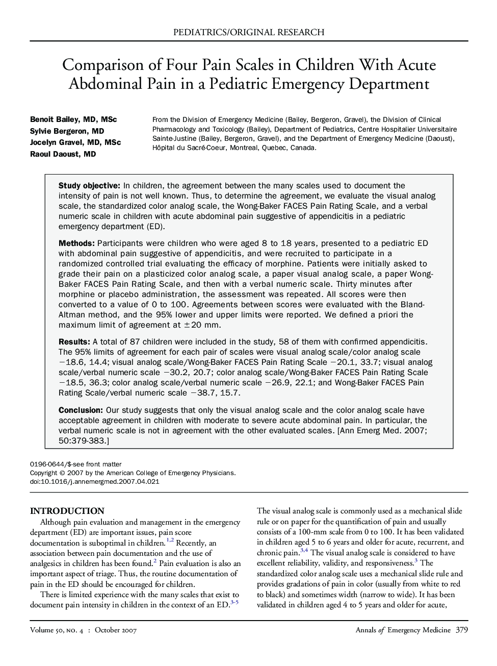 Comparison of Four Pain Scales in Children With Acute Abdominal Pain in a Pediatric Emergency Department