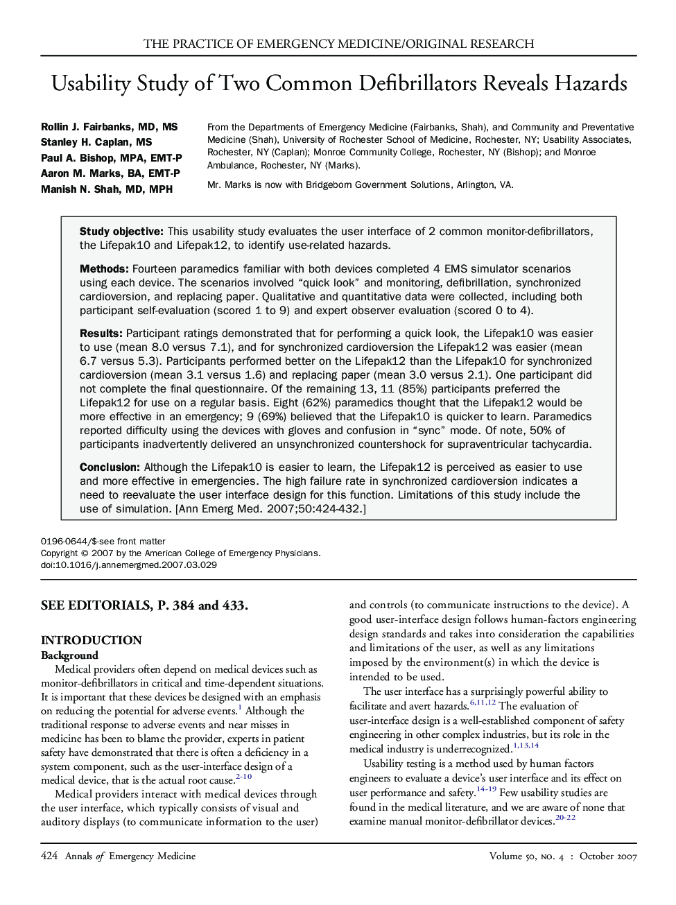 Usability Study of Two Common Defibrillators Reveals Hazards 