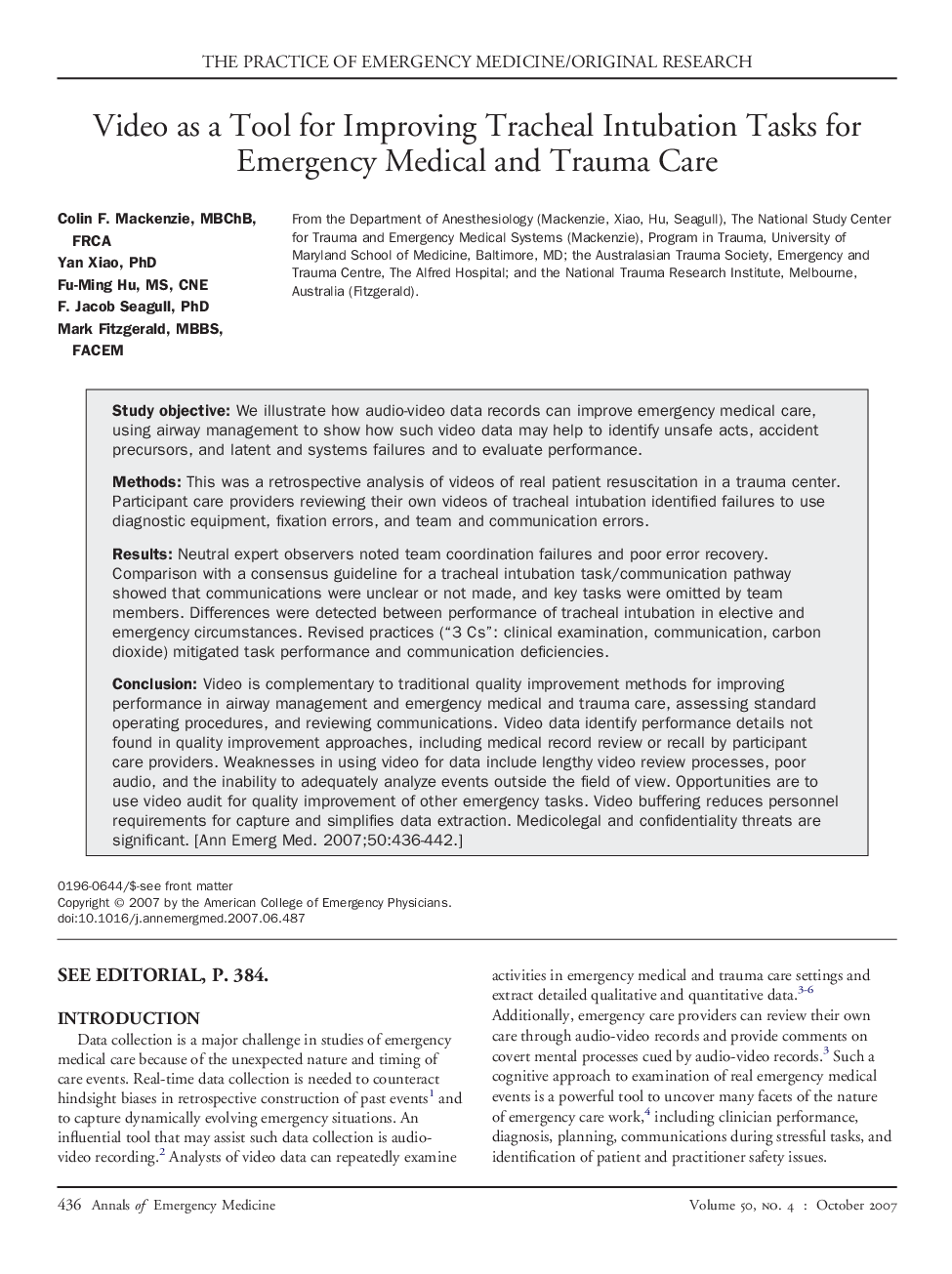 Video as a Tool for Improving Tracheal Intubation Tasks for Emergency Medical and Trauma Care