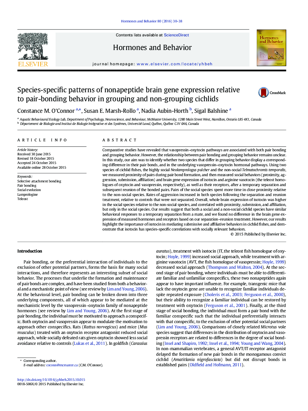 Species-specific patterns of nonapeptide brain gene expression relative to pair-bonding behavior in grouping and non-grouping cichlids