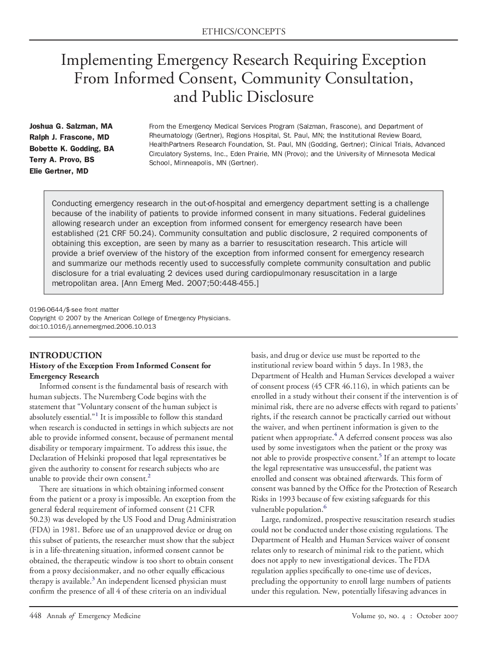 Implementing Emergency Research Requiring Exception From Informed Consent, Community Consultation, and Public Disclosure