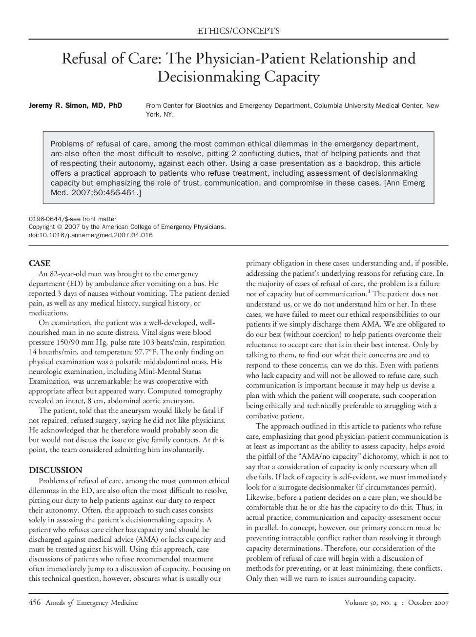 Refusal of Care: The Physician-Patient Relationship and Decisionmaking Capacity 