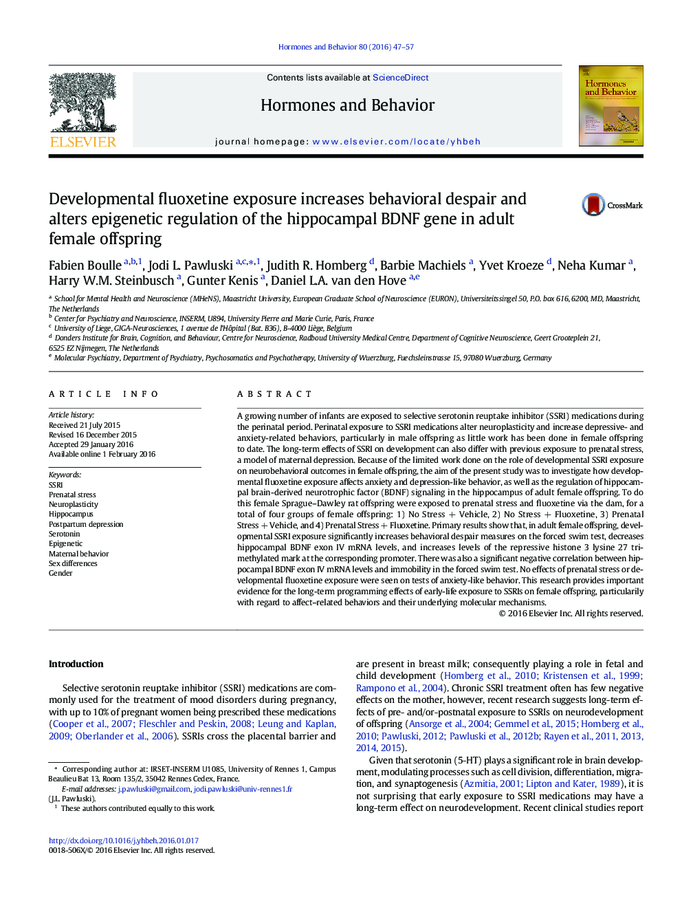 Developmental fluoxetine exposure increases behavioral despair and alters epigenetic regulation of the hippocampal BDNF gene in adult female offspring