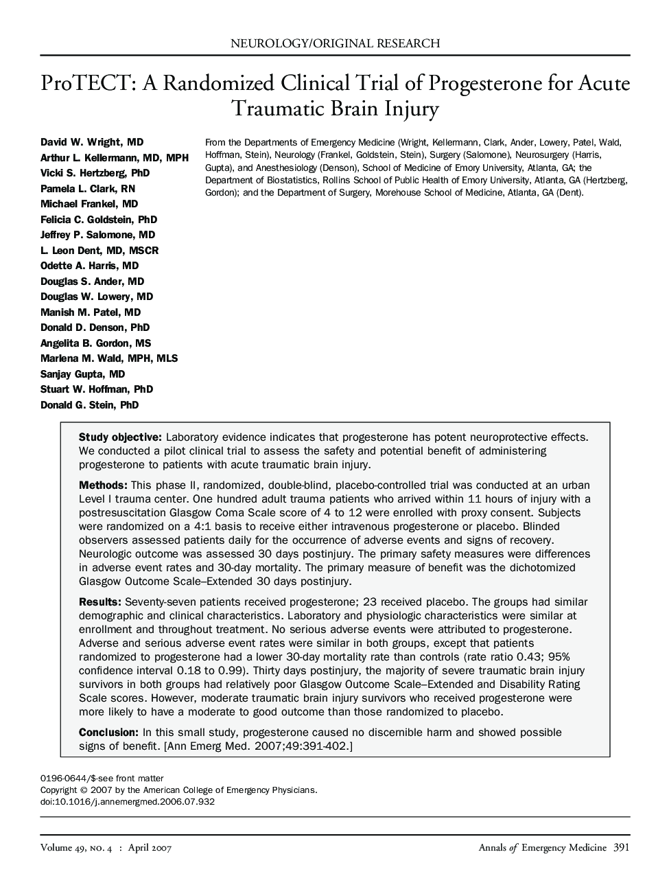 ProTECT: A Randomized Clinical Trial of Progesterone for Acute Traumatic Brain Injury