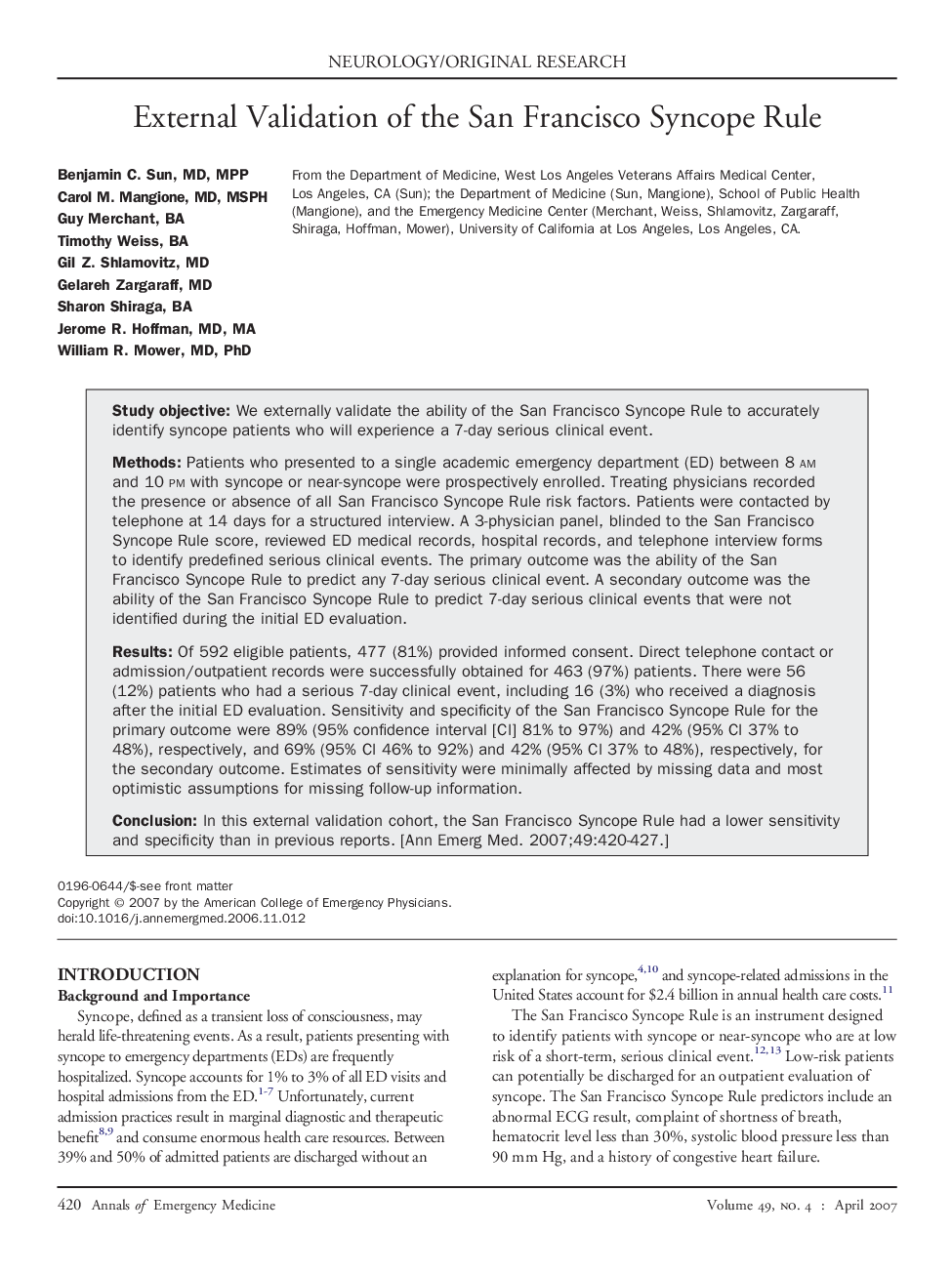 External Validation of the San Francisco Syncope Rule