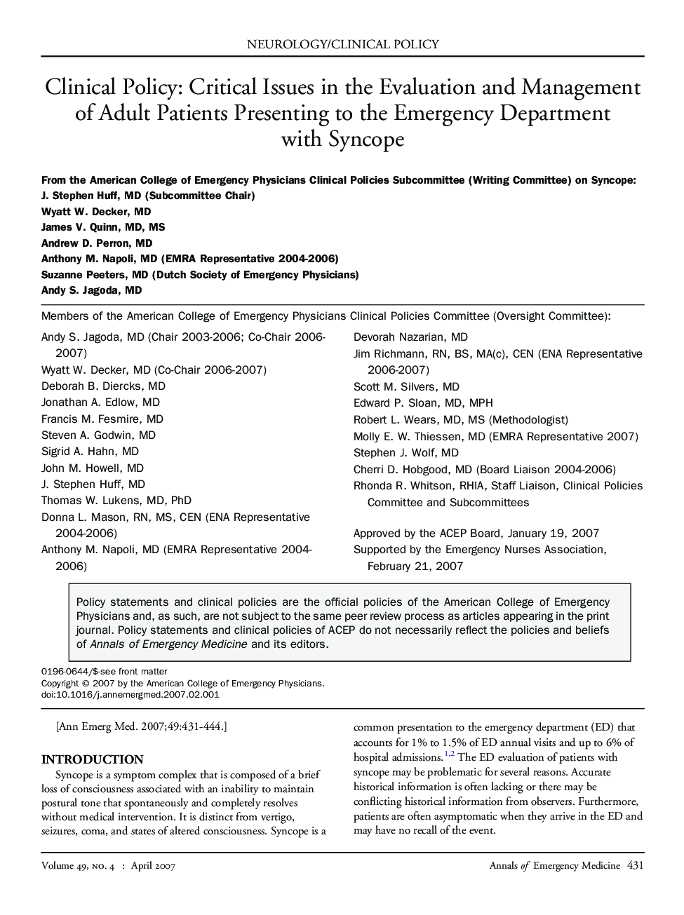 Clinical Policy: Critical Issues in the Evaluation and Management of Adult Patients Presenting to the Emergency Department with Syncope