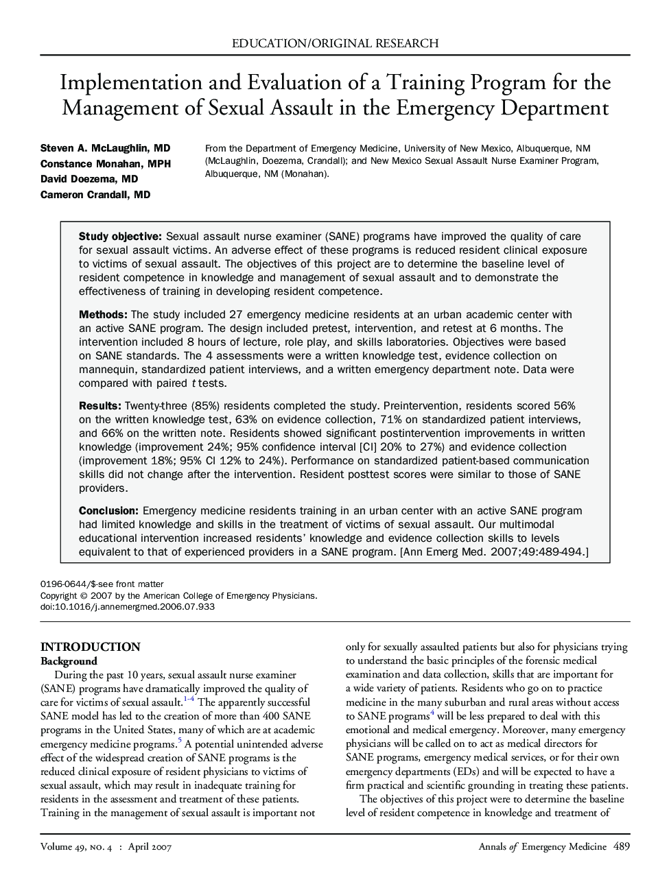 Implementation and Evaluation of a Training Program for the Management of Sexual Assault in the Emergency Department 