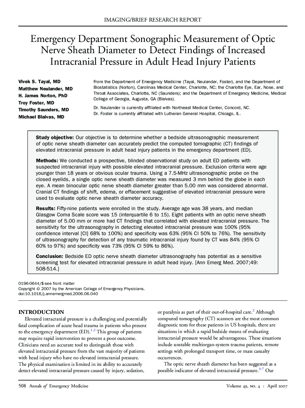 Emergency Department Sonographic Measurement of Optic Nerve Sheath Diameter to Detect Findings of Increased Intracranial Pressure in Adult Head Injury Patients 