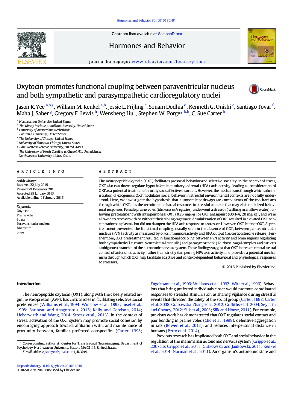 Oxytocin promotes functional coupling between paraventricular nucleus and both sympathetic and parasympathetic cardioregulatory nuclei