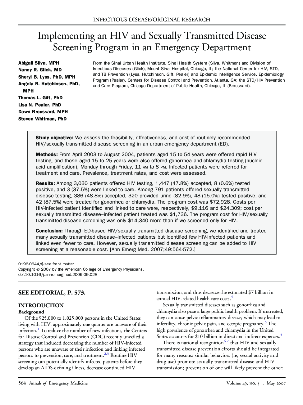 Implementing an HIV and Sexually Transmitted Disease Screening Program in an Emergency Department 