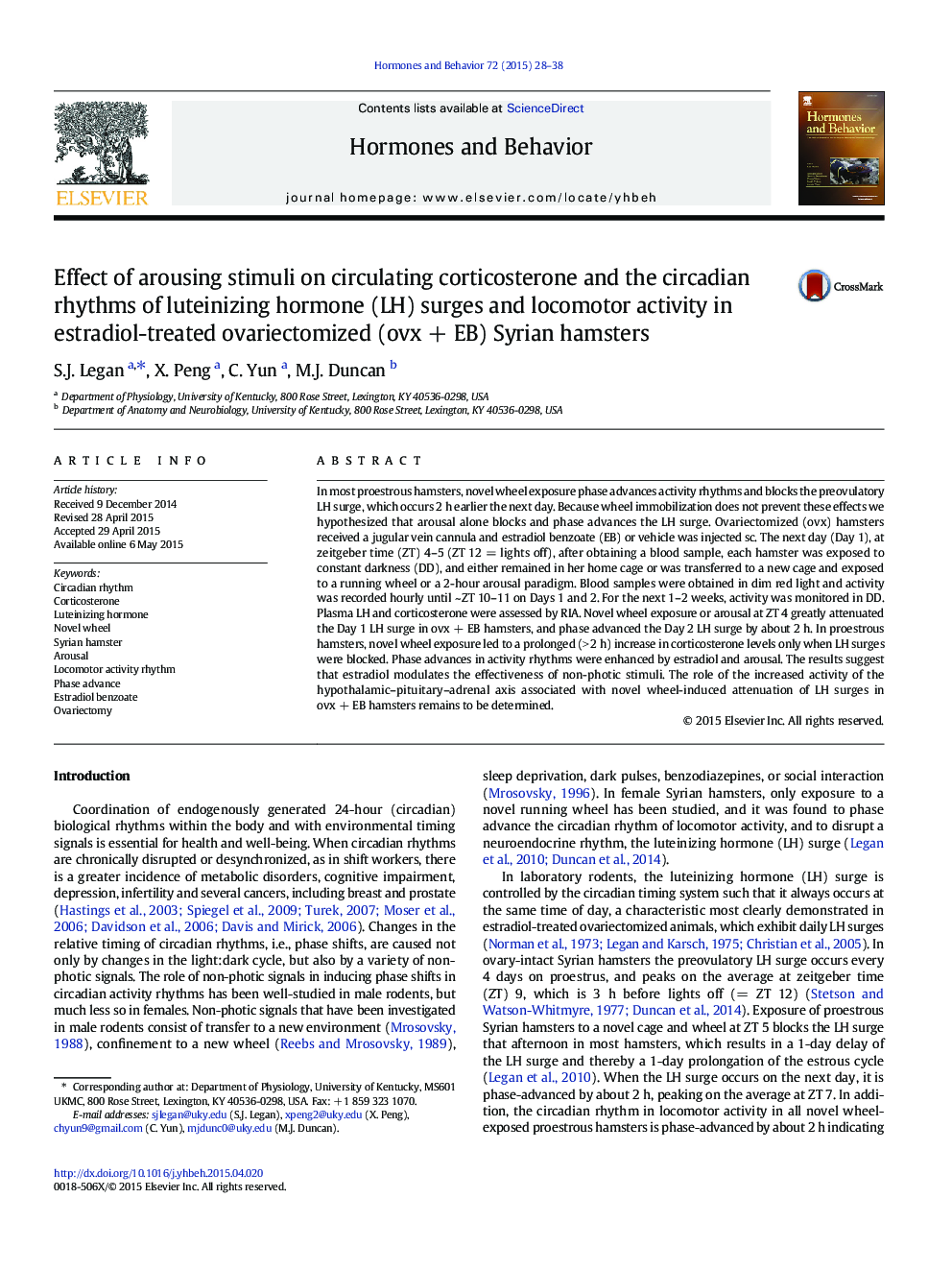 Effect of arousing stimuli on circulating corticosterone and the circadian rhythms of luteinizing hormone (LH) surges and locomotor activity in estradiol-treated ovariectomized (ovx + EB) Syrian hamsters