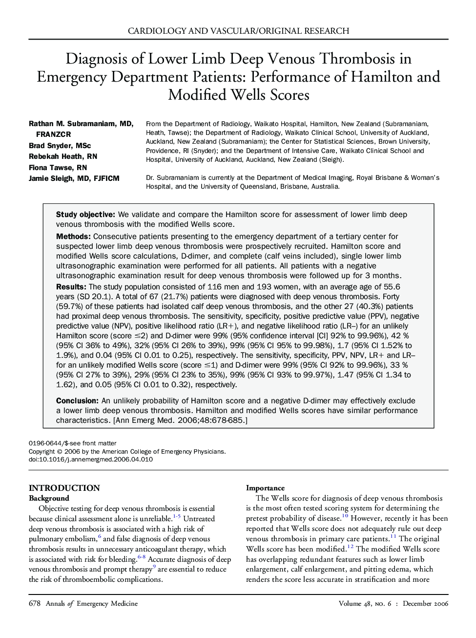 Diagnosis of Lower Limb Deep Venous Thrombosis in Emergency Department Patients: Performance of Hamilton and Modified Wells Scores 