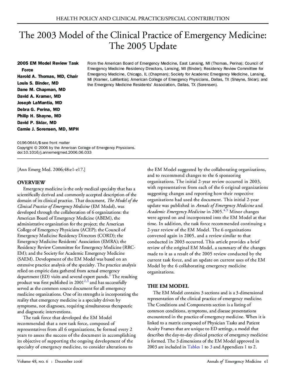 The 2003 Model of the Clinical Practice of Emergency Medicine: The 2005 Update