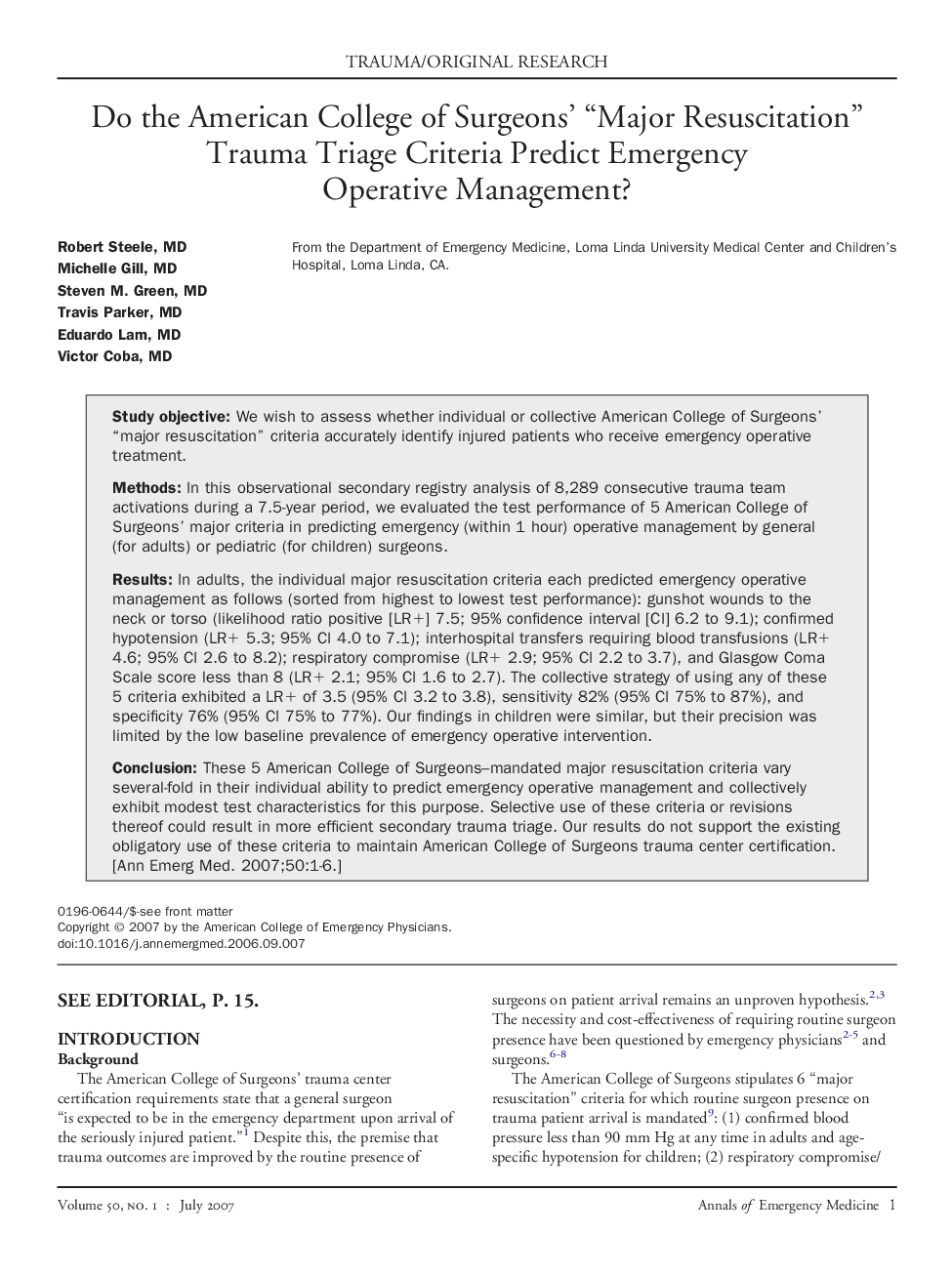 Do the American College of Surgeons’ “Major Resuscitation” Trauma Triage Criteria Predict Emergency Operative Management? 