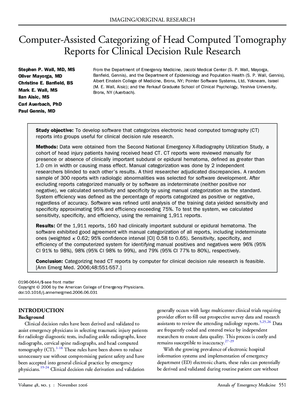 Computer-Assisted Categorizing of Head Computed Tomography Reports for Clinical Decision Rule Research